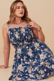 HY8038W Navy Plus Romantic Floral Smocked Bodice Tank Dress Pose