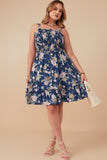 HY8038W Navy Plus Romantic Floral Smocked Bodice Tank Dress Full Body