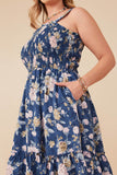 HY8038W Navy Plus Romantic Floral Smocked Bodice Tank Dress Side