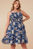 HY8038W Navy Plus Romantic Floral Smocked Bodice Tank Dress Front