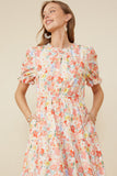 HY8042 Red Mix Womens Ditsy Floral Puff Sleeve Tiered Dress Gif