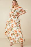 HY8050W Ivory Plus Romantic Floral Smocked Waist Square Neck Dress Pose