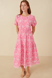 HY8056 Pink Womens Eyelet Patterned Puff Sleeve Scallop Hem Dress Front