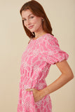 HY8056 Pink Womens Eyelet Patterned Puff Sleeve Scallop Hem Dress Side