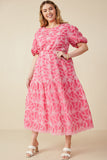 HY8056W Pink Plus Eyelet Patterned Puff Sleeve Scallop Hem Dress Full Body