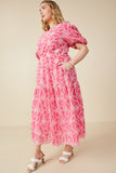 HY8056 Pink Womens Eyelet Patterned Puff Sleeve Scallop Hem Dress Back