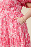 HY8056W Pink Plus Eyelet Patterned Puff Sleeve Scallop Hem Dress Gif