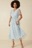 HY8066W Light Blue Plus Floral Embroidered Mesh Belted Wrap Dress Full Body