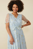 HY8066 Light Blue Womens Floral Embroidered Mesh Belted Wrap Dress Front