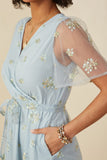 HY8066 Light Blue Womens Floral Embroidered Mesh Belted Wrap Dress Detail