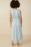 HY8066 Light Blue Womens Floral Embroidered Mesh Belted Wrap Dress Back