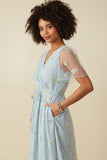 HY8066 Light Blue Womens Floral Embroidered Mesh Belted Wrap Dress Side