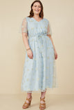 HY8066 Light Blue Womens Floral Embroidered Mesh Belted Wrap Dress Full Body