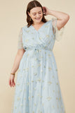 HY8066W Light Blue Plus Floral Embroidered Mesh Belted Wrap Dress Front