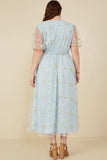 HY8066W Light Blue Plus Floral Embroidered Mesh Belted Wrap Dress Back