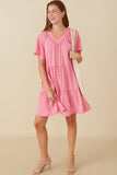 HY8081 Pink Womens Washed Tencel V Neck Tiered Dress Full Body