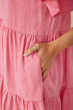 HY8081 Pink Womens Washed Tencel V Neck Tiered Dress Detail