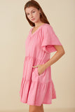 HY8081 Pink Womens Washed Tencel V Neck Tiered Dress Side