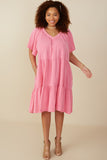 HY8081W Pink Plus Washed Tencel V Neck Tiered Dress Full Body