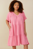 HY8081W Pink Plus Washed Tencel V Neck Tiered Dress Front