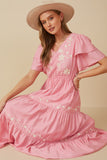 HY8104W Pink Plus Embroidered Ruffle Sleeve Tiered Dress Full Body