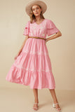 HY8104 Pink Womens Embroidered Ruffle Sleeve Tiered Dress Full Body