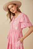 HY8104 Pink Womens Embroidered Ruffle Sleeve Tiered Dress Side