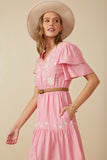 HY8104 Pink Womens Embroidered Ruffle Sleeve Tiered Dress Side 2