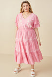 HY8104 Pink Womens Embroidered Ruffle Sleeve Tiered Dress Pose