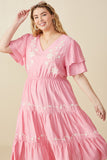 HY8104W Pink Plus Embroidered Ruffle Sleeve Tiered Dress Front