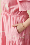 HY8104W Pink Plus Embroidered Ruffle Sleeve Tiered Dress Detail