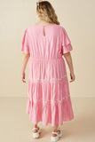 HY8104W Pink Plus Embroidered Ruffle Sleeve Tiered Dress Back