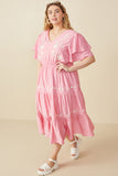 HY8104W Pink Plus Embroidered Ruffle Sleeve Tiered Dress Pose