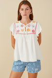 HY8107W Off White Plus Floral Embroidered Crochet Lace Detail Top Front