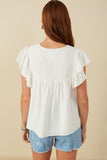 HY8107 Off White Womens Floral Embroidered Crochet Lace Detail Top Detail