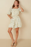 HY8130 Cream Womens Floral Printed Mesh Puff Sleeve Dress Full Body