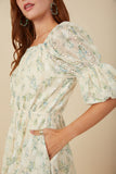 HY8130 Cream Womens Floral Printed Mesh Puff Sleeve Dress Side