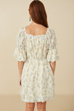 HY8130 Cream Womens Floral Printed Mesh Puff Sleeve Dress Back