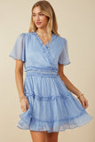 HY8134W Blue Plus Ruffle Detailed Surplice Organza Dress Front