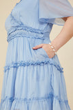 HY8134W Blue Plus Ruffle Detailed Surplice Organza Dress Gif