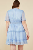 HY8134W Blue Plus Ruffle Detailed Surplice Organza Dress Full Body