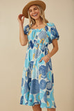 HY8136W Blue Plus Square Neck Abstract Floral Cotton Linen Dress Front