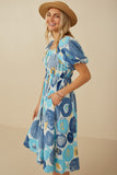 HY8136 Blue Womens Square Neck Abstract Floral Cotton Linen Dress Back