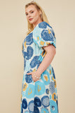 HY8136 Blue Womens Square Neck Abstract Floral Cotton Linen Dress Side