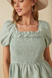 HY8149 Mint Womens Ruffle Detail Smocked Floral Embroidered Top Full Body