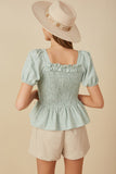 HY8149 Mint Womens Ruffle Detail Smocked Floral Embroidered Top Detail