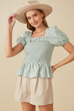 HY8149 Mint Womens Ruffle Detail Smocked Floral Embroidered Top Back