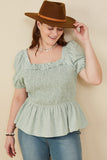 HY8149W Mint Plus Ruffle Detail Smocked Floral Embroidered Top Front