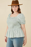 HY8149W Mint Plus Ruffle Detail Smocked Floral Embroidered Top Full Body