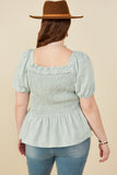 HY8149W Mint Plus Ruffle Detail Smocked Floral Embroidered Top Side